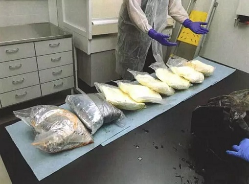 Pelkästään yhdestä kanoottisäkistä poliisi löysi 11 kiloa amfetamiinia ja yli 10000 ekstaasitablettia. Kuva: Poliisi
