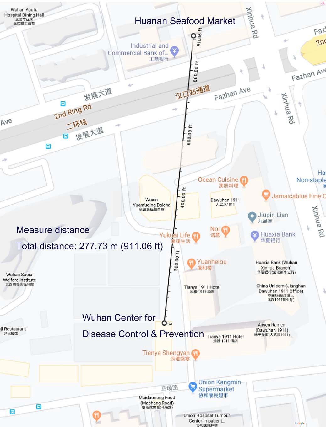 Figure 1. The Huanan Seafood Market is close to the WHCDC (from Baidu and Google maps).jpg