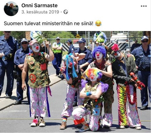 Onni Sarmaste kommentoi tällä kuvalla Antti Rinteen (sd) hallituksen nimittämistä. KUVAKAAPPAUS ONNI SARMASTEEN JULKISESTA FACEBOOK-PROFIILISTA.