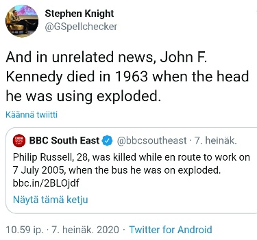 Samalla tavalla JFK kuoli 1968, kun hänen käyttämänsä pää räjähti.jpg