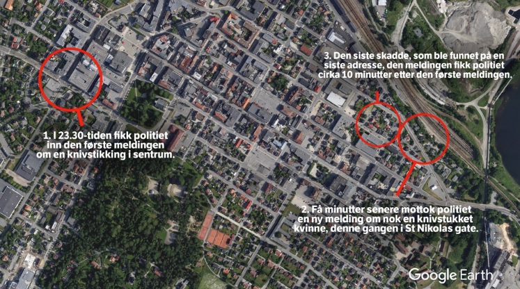 Her vart kvinnene knivstukne i natt.<br /><br />FOTO: TORSTEIN BØE / NRK