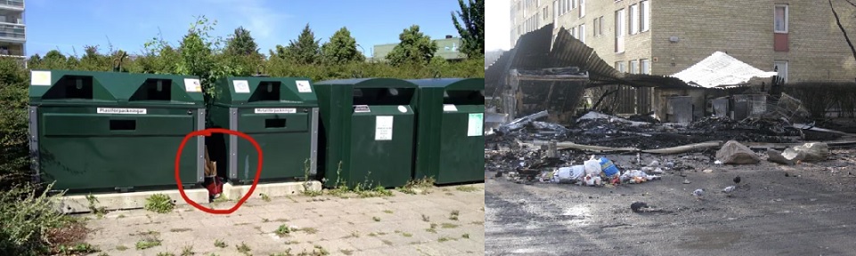 Hålsjögatanilla on tapahtunut tietysti rikos. Terroristi ei kierrätä.­ Kuvateksti ja vasen kuva Maria Pettersson. Oikeanpuoleinen kuva todellisuudesta.