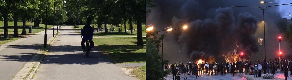 Tänne ei poliisi uskalla tulla. Kuten huomaatte, kuvassa ei ole yhtään poliisia.­ Kuvateksti ja vasen kuva Maria Pettersson, oikeanpuoleinen kuva todellisuudesta.