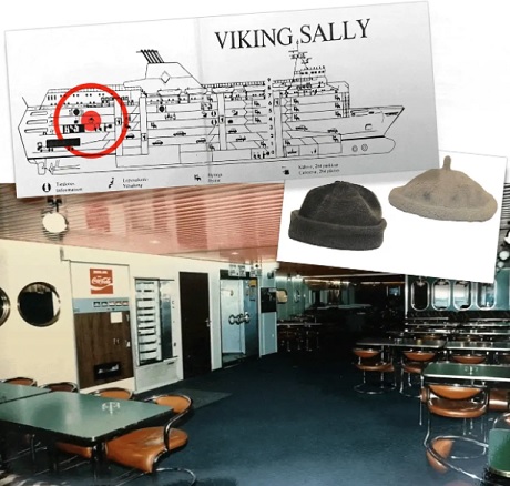 Yksi epäillyistä oli tuntematon myssymies, joka nähtiin muun muassa laivan cafeteriassa yöllä. Mustavalkokuvan pipoista toinen on väriltään tummanvihreä ja toinen vaaleanvihreä. Poliisi, grafiikka: Ilkka Kemppinen / Yle
