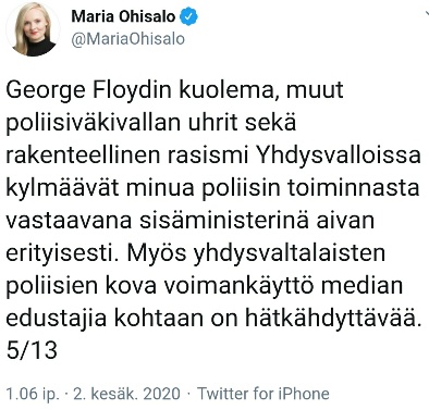 Ohisalo horisee rakenteellisesta rasismista, vaikka mustia kohtaan sitä ei USAsta löydy, päinvastoin.jpg