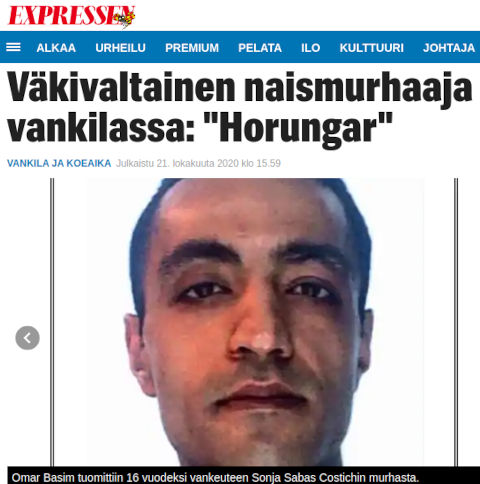 Kuvakaappaus tuoreeesta Expressenistä, naisenmurhaaja Omar Bassim hyökkäsi vankilahlökunnan kimppuun.jpg