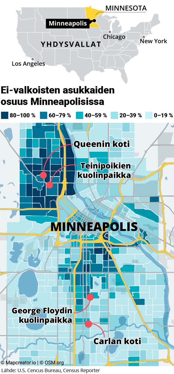Minneapolis, Yhdysvallat, Karttagrafiikka kaupungin ei-valkoisten asuinaluieista. Asmo Raimoaho / Yle