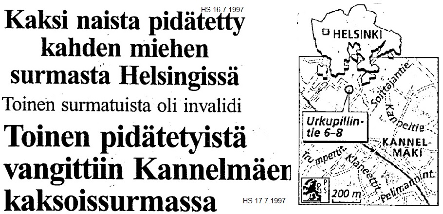 Otsikot ja kartta Helsingin Sanomat 16. ja 17.7.1997.