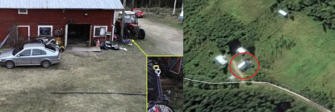 Vasen kuva. BMW on vielä tallissa. Oik. puol.kuva. Pankolaisten maatila Heikkiläntien varressa, talli mistä Sirviön auto löytyi on ympyröitynä. Kuvat etpk ja kartta Google Earth.