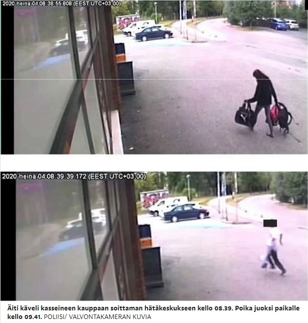 Äiti käveli kasseineen kauppaan soittaman hätäkeskukseen kello 08.39. Poika juoksi paikalle kello 09.41. POLIISI/ VALVONTAKAMERAN KUVIA