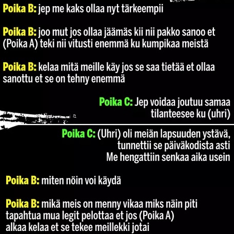 Ylempi kuva: Ote uhrin lapsuudenystävien keskustelusta 5. joulukuuta.­ Alempi kuva: Uhrin lapsuudenystävien viestejä itsenäisyyspäivänä 2020.­