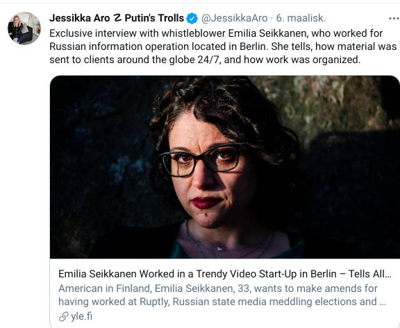 Jessikka Aro mainostaa yksinoikeudella tekemäänsä juttua ja puhuu pilliinpuhaltajasta.jpg