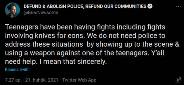 Poliisi on tuhottava ja neekereiden saatava korvauksia twiittaa, että teinit ovat puukkotapelleet valovuosia, eikä niihin pidä puuttua.jpg