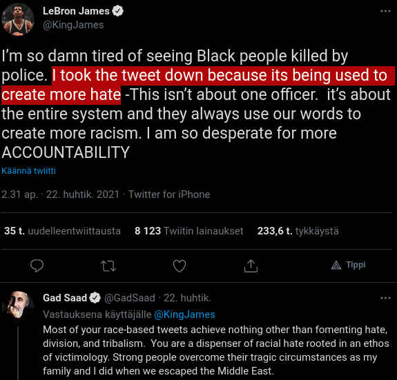 LBJ ei ymmärrä, että hän itse on se rasistisen vihan lietsoja mm valkoisia poliiseja vihaavilla twiiteillään.jpg