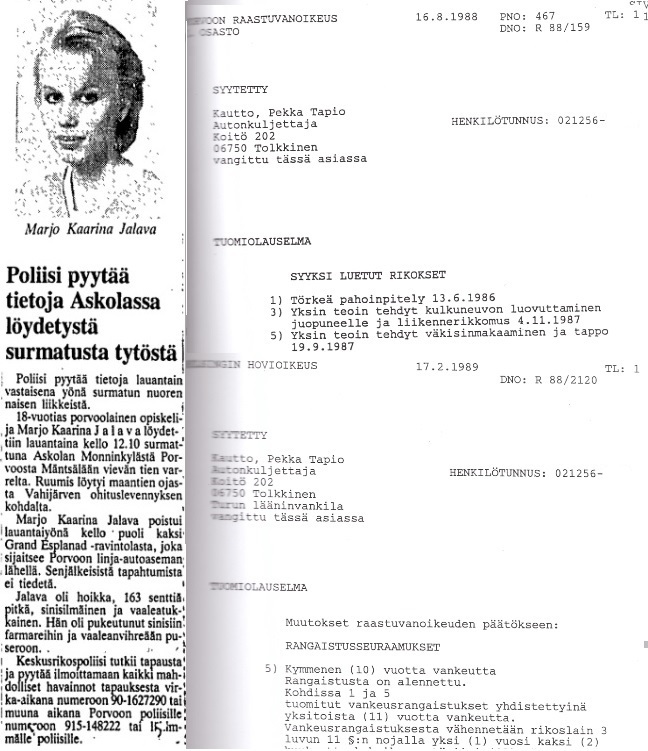 Uutinen uhrin löytymisestä, HS 21.9.1987, sekä raastuvan- ja hovioikeudentuomiot.