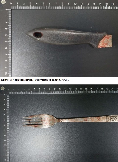 Keittiöveitsen terä katkesi väkivallan voimasta. Rikospaikalla oli myös verinen haarukka. Puukottaja väitti ainoastaan syöneensä sillä. Kuvat poliisi.