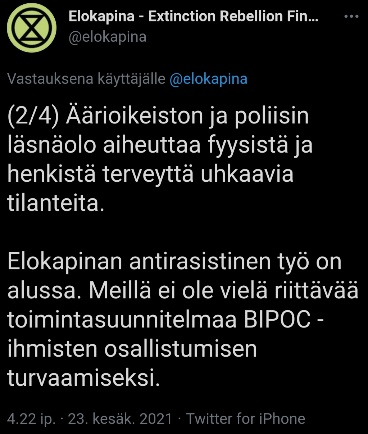 Poliisi on rasisti ja aiheuttaa Elokapinan mukaan pelkoja.