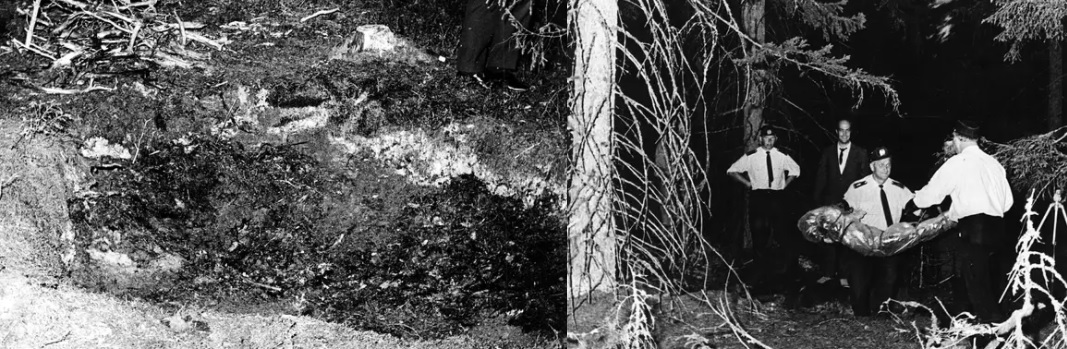 Vasen kuva: Salmen ruumis oli tässä kuopassa vasemmalla näkyvien risujen peittämänä. Kuva on otettu ruumiin löytöpäivänä 18. elokuuta 1971. Oikpuolkuva: Poliisit kantavat iltahämärissä muoviin käärittyä ruumista metsästä Inkoon Degerbyssä 18. elokuuta 1971. Kuvat Pentti Pekkala.