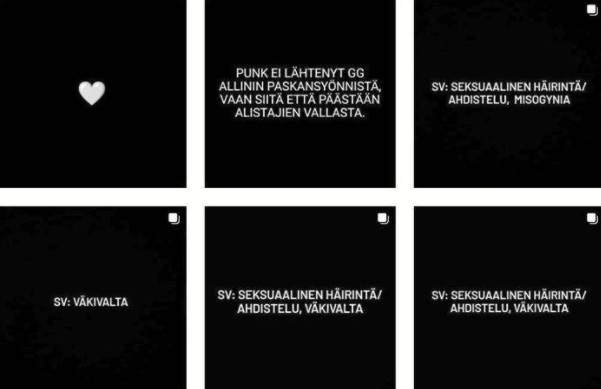 Kuvakaappaus Instagramissa julkaistavalta @punkstoo-tililtä. Kuvissa on ensimmäisenä sisältövaroitus, jossa kerrotaan viestin käsittelevän esimerkiksi seksuaalista häirintää, henkistä tai fyysistä väkivaltaa tai raiskausta.