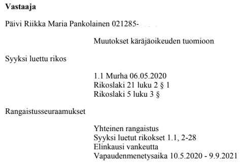 Hovioikeuden päätös. Annettu 10.9.2021, R20/1113