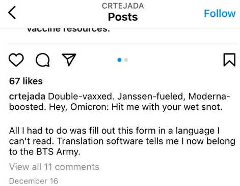 NY Times rokoteaktivisti ja aasianpäätoimittaja Tejadan IG 161221, missä vouhottaa boosteriruiskeellaan ja jopa kehottaa tautia tulemaan.jpg