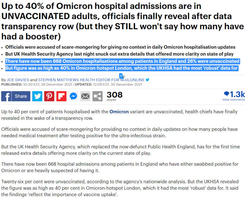 UK omikron-sairaalapotilaista 74 prosenttia on ns. täysin rokotettuja maanlaajuisesti, Lontoossa rokotetut vievät 60 prosenttia koronahoidon resursseista.jpg