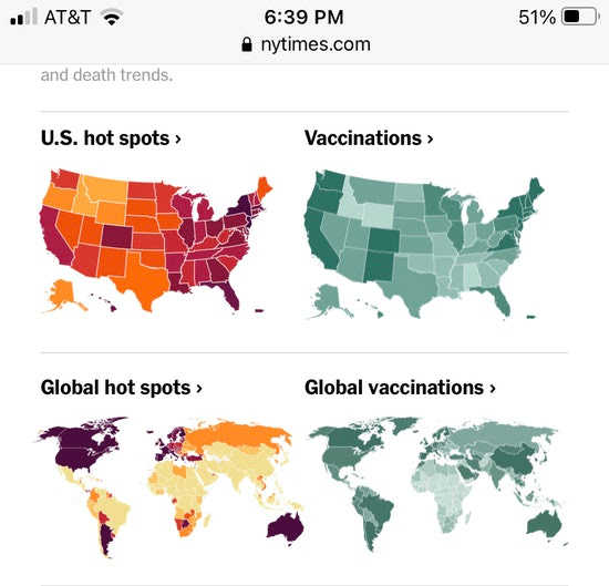Koronapesäkkeet ja mRNA-läpipiikkauspesäkkeet sekä USAssa että globaalisti, NY Times.jpg