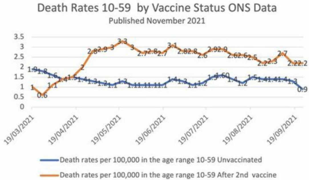 UK ONS-data - Ruskea viiva on ns. covid-rokotettujen kuolemat kaikista syistä per 100000 ja sininen taas puhdasveristen, ikäryhmä 10-59 vuotiaat.jpg
