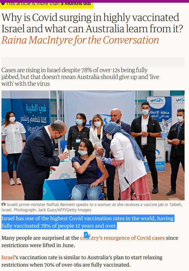 The Guardian uutisoi jo Elokuussa 2021, että Israel on YKSI MAAILMAN KATTAVIMMIN ROKOTETUISTA MAISTA, kun maa oli pistänyt täysin yli 78 prosenttia YLI 12-VUOTIAISTA.jpg