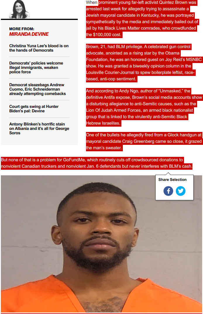 Quintez Brown, mm. vasemmistomedia msnbc:n ja Obama-säätiön lempipoju, nyt epäiltynä antisemitistisestä murhan yrityksestä. Vihakoventeisuutta tuskin tulemme kuitenkaan näkemään, koska blm-etuoikeus.
