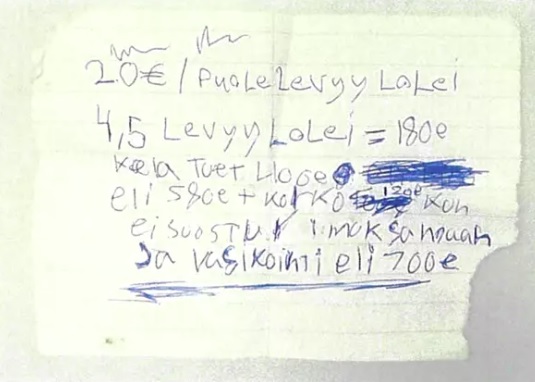 Pihlavan taposta epäillyn putkikassista löytynyt velkalista. KUVA: POLIISI