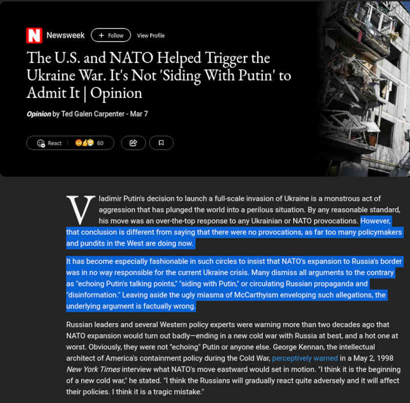 USA ja NATO auttoivat Ukrainan sodan synnyssä, eikä sen myöntäminen ole Putinin puolella olemista, otsikoi US-vasemmistolaislehti Newsweek.jpg