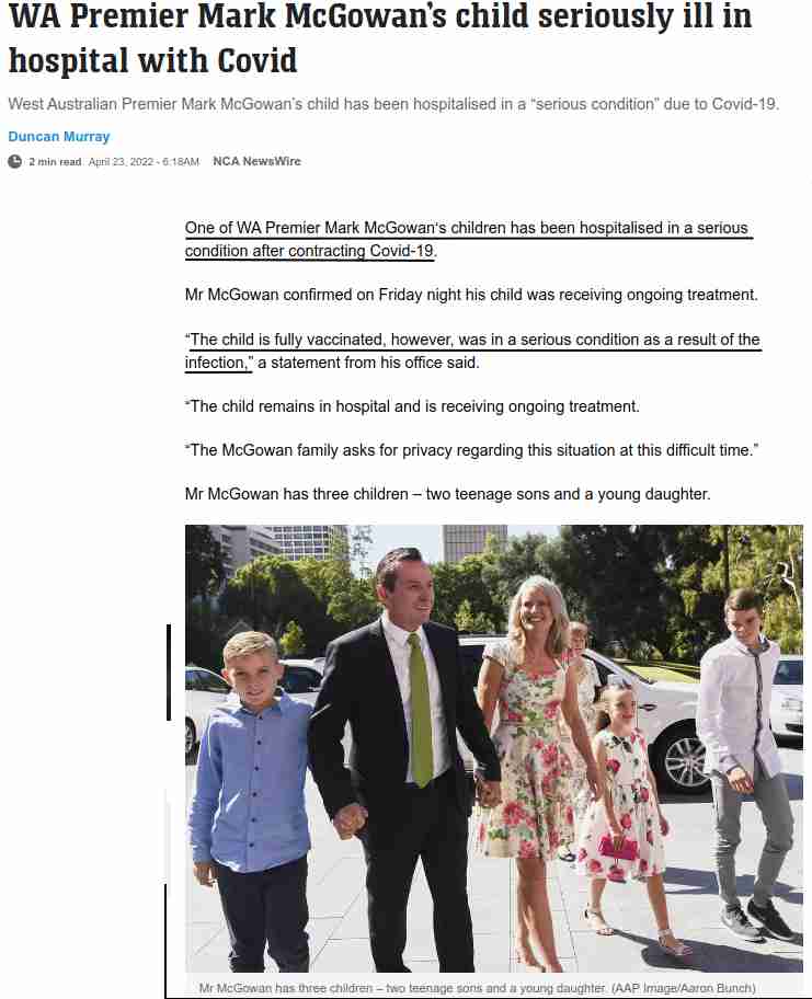 Länsi-Australian pääministeri McGowanin lapsi vakavan koronataudin takia sairaalahoidossa, lapsi on rokotettu.jpg
