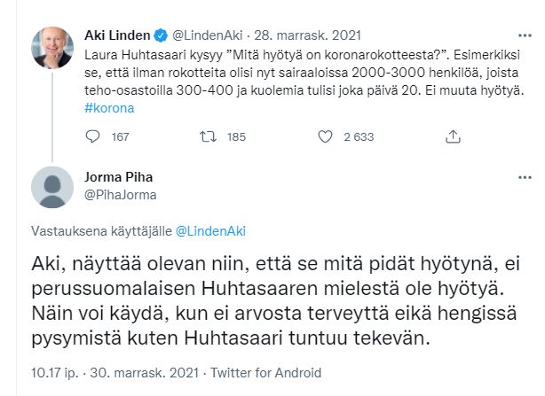 ExTyksiläiset_LindenJaPiha_keskustelevat_twitterissä301121_Huhtasaaren_koronakysymyksestä_ja_potilaiden_hengen_ja_terveyden_arvostamisesta_lääkärintyössä.JPG