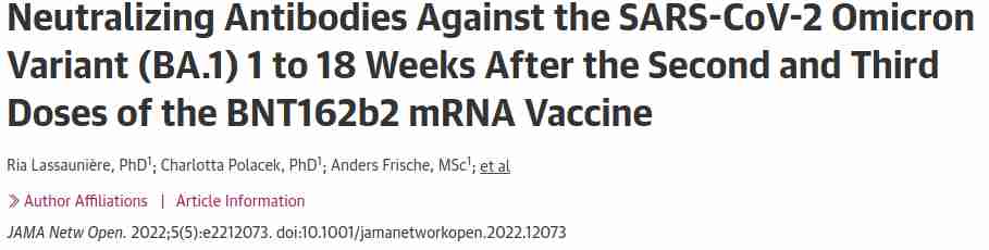 Pfizerin mRNA-injektion tuottamat neutralisoivat vasta-aineet 2. ja 3. annoksen jälkeen omicron-varianttia vastaan tanskalaispopulaatiossa.jpg