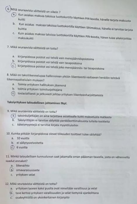 Taksinkuljettajien keskuudessa on alkuvuonna ja kevään aikana levinnyt kuvia paperisista yrittäjäkokeista. Kuvat kertovat oikeat vastaukset kokeen monivalintakysymyksiin. Kuva ja kuvateksti HS:n uutisesta.