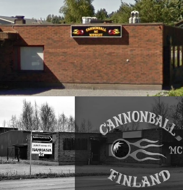 Cannonball MC on lopettanut toimintansa Ulvilassa. Uusitien kerhotilojen julkisivulta on poistettu jengin värit ja tunnukset. Ylempi kuva googlemaps 2018, alempi kuva Kari Mankonen / Satakunnan Kansa. Vuoden 2009 street view-kuvan perusteella samassa Uusitien kiinteistössä toimi mm. Vapaakirkko.