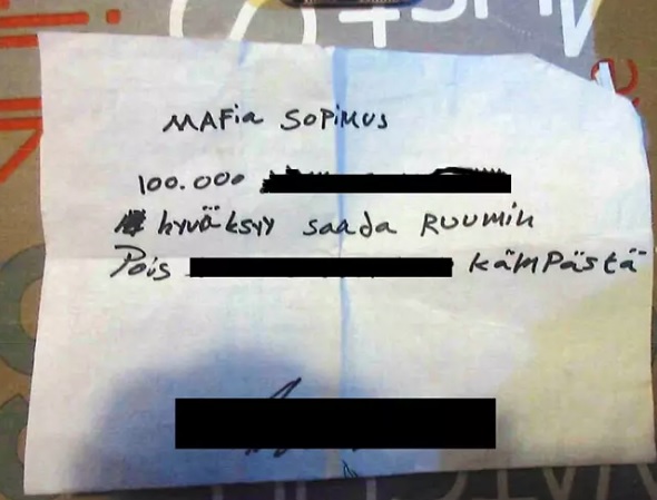 Poliisin esitutkinnan aikana löytyi ”mafiasopimus”, joka koskee ruumiin siirtämistä pois yrittäjätaustaisen vaasalaismiehen asunnosta. Todellisuudessa mitään ruumista ei ollut olemassa. KUVA: POLIISIN ESITUTKINTA-AINEISTO