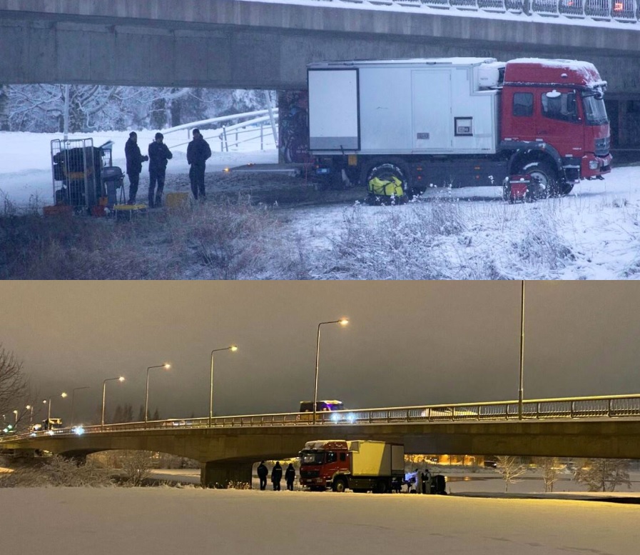 Ylempi kuva 3.1. klo 10:03 uutisesta: Poliisi aloitti etsinnät Linnansillan luota. KUVA: HEIKKI WESTERGÅRD.<br />Alempi kuva 3.1. klo 18:05 uutisesta: Poliisi laajensi kaksi eri kertaa rajaamaansa aluetta, kun ruumis oli löydetty vesirajasta. KUVA: TOMI TUOMI