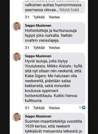 Seppo Mustonen on poistanut esimerkiksi nämä kuvakaappauksessa näkyvät some-kommenttinsa. KUVAKAAPPAUS FACEBOOK-VIESTEISTÄ
