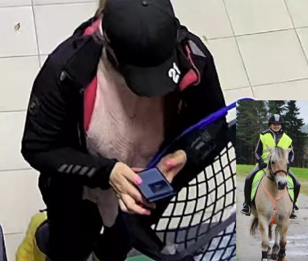 Avovaimo näpyttelemässä kännykkäänsä vähän ennen tekoa. Kuva on marketin valvontakameran tallenteelta. POLIISIN ESITUTKINTA. <br />Pienessä kuvassa Helena Sulka ratsailla. Kuvan hevonen ei liity tapaukseen. Kuva: ess.fi