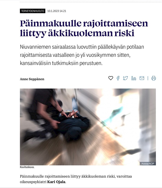 Päinmakuulle rajoittamisessa äkkikuoleman riski