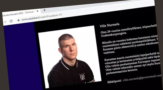 Eduskuntavaaliehdokas Ville Nurmelan esittely. Kuvakaappaus sinimustan liikkeen internetsivustolta.