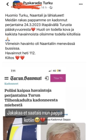 Katoamisilmoitus Turun Puskaradiossa.
