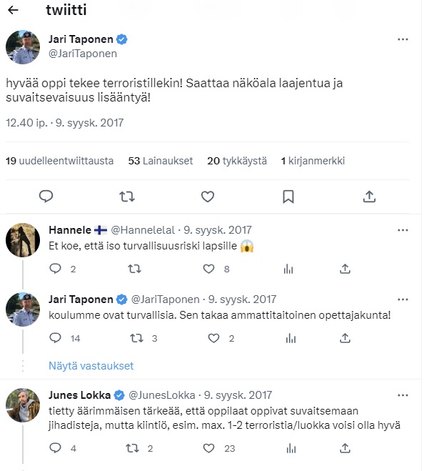 Kuten näkyy, niin twiittauspvm: 9.9.2017 ja liittyy Turun yksittäistapaukseen.