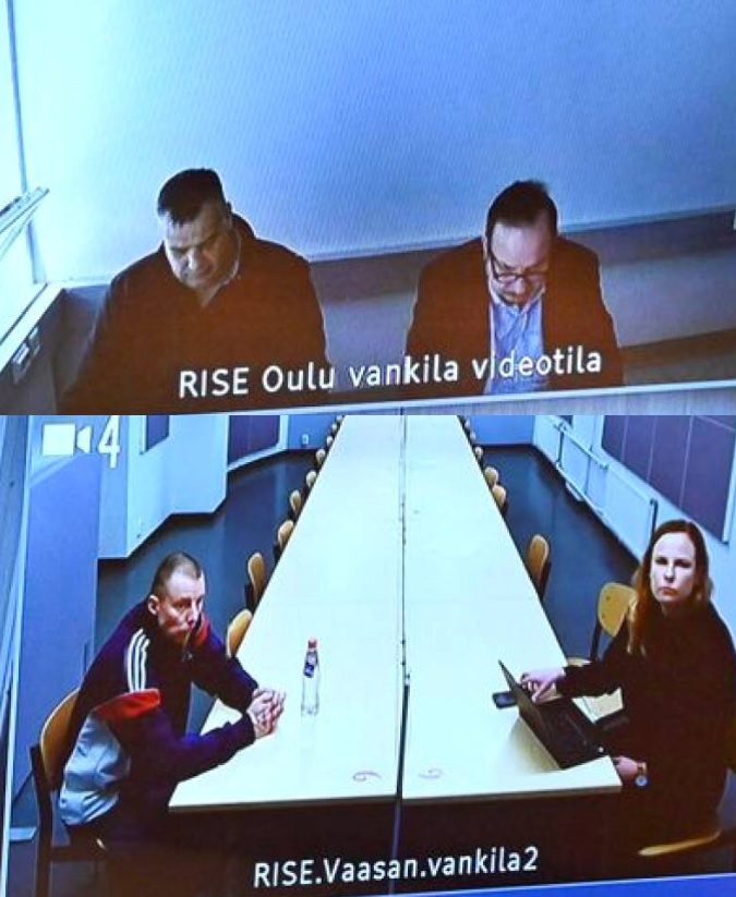 Kuvaruudussa vasemmalla Kyösti Långström ja hänen asianajajansa Kari Eriksson. Kuvassa oikealla Pasi Pakkasvirta ja hänen asianajajansa Meeri Luolavirta. KUVA: AKI PAAVOLA