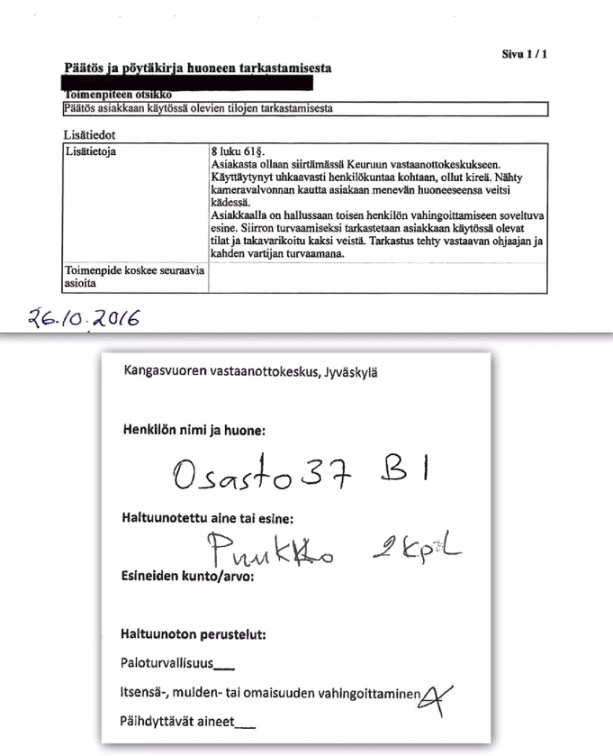 Esimerkkejä pöytäkirjoista, joissa kerrotaan vaarallisten esineiden takavarikoinnista.