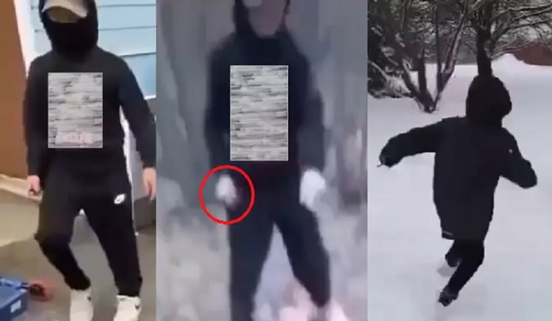 Kuvassa kuvakaappauksia kolmelta väkivaltavideolta. Ensimmäisessä kuvassa väkivaltaa uhriin kohdistanut poika on naamioitunut. Toisessa kuvassa on punaisella korostettu kädessä oleva veitsi.