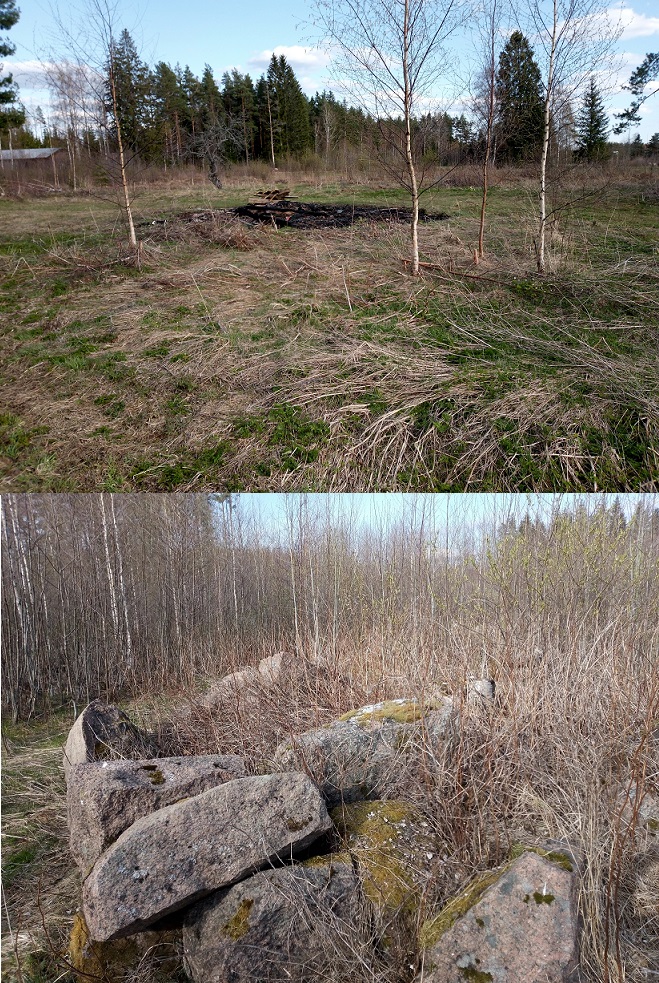 Kuvat keväältä 2023. Palanut talo oli ylemmän kuvan kohdalla ja jotain siinä on taannoin poltettu. Talon jämät? Kivikasa on romahtaneen navetan kohdalta. Otaksun.