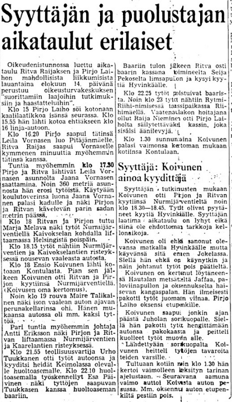 Osa tammikuussa -72 käydyn oikeudenkäynnin uutisoinnista. Kaalilaatikon syöminen katsottiin sekin kertomisen arvoiseksi.